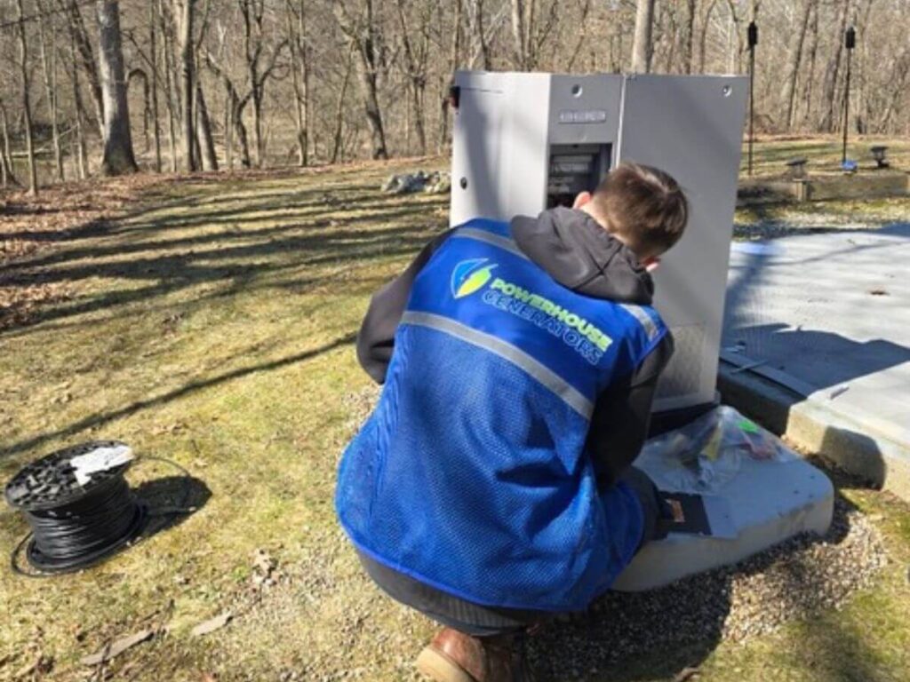 Technician installing a whole home generator for a Michigan property to ensure backup power during outages.