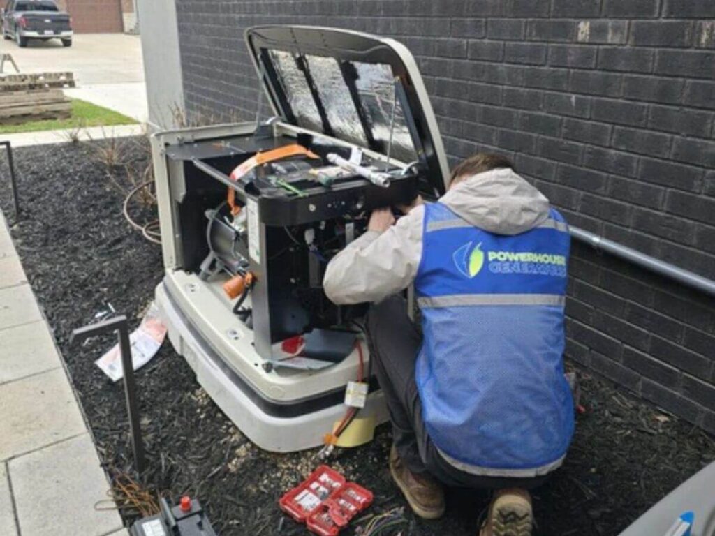 Technician servicing a standby generator outside a home to ensure reliable backup power during Southeast Michigan outages.